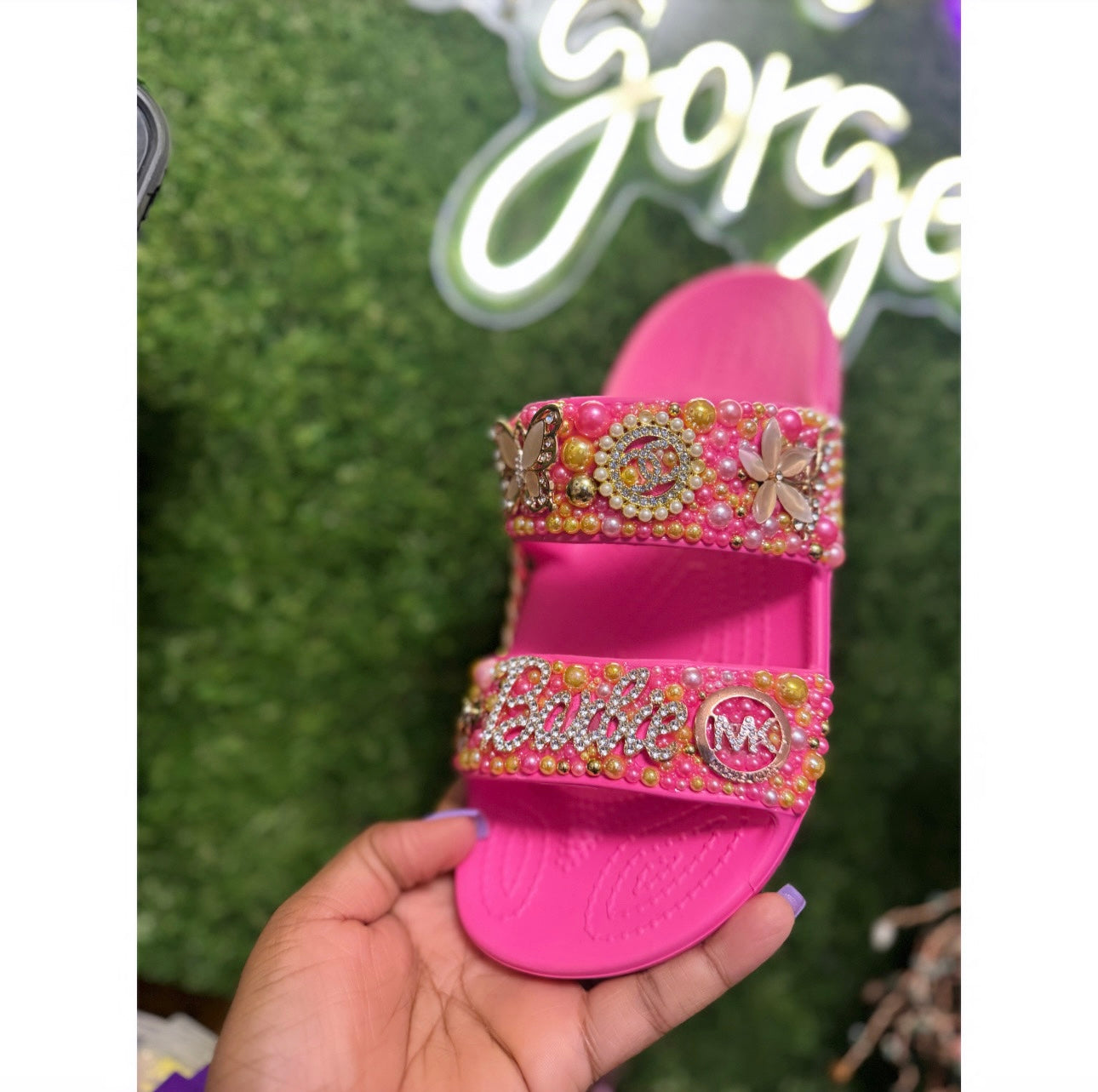 Lux Pink Croc Sandals Gold Size 8