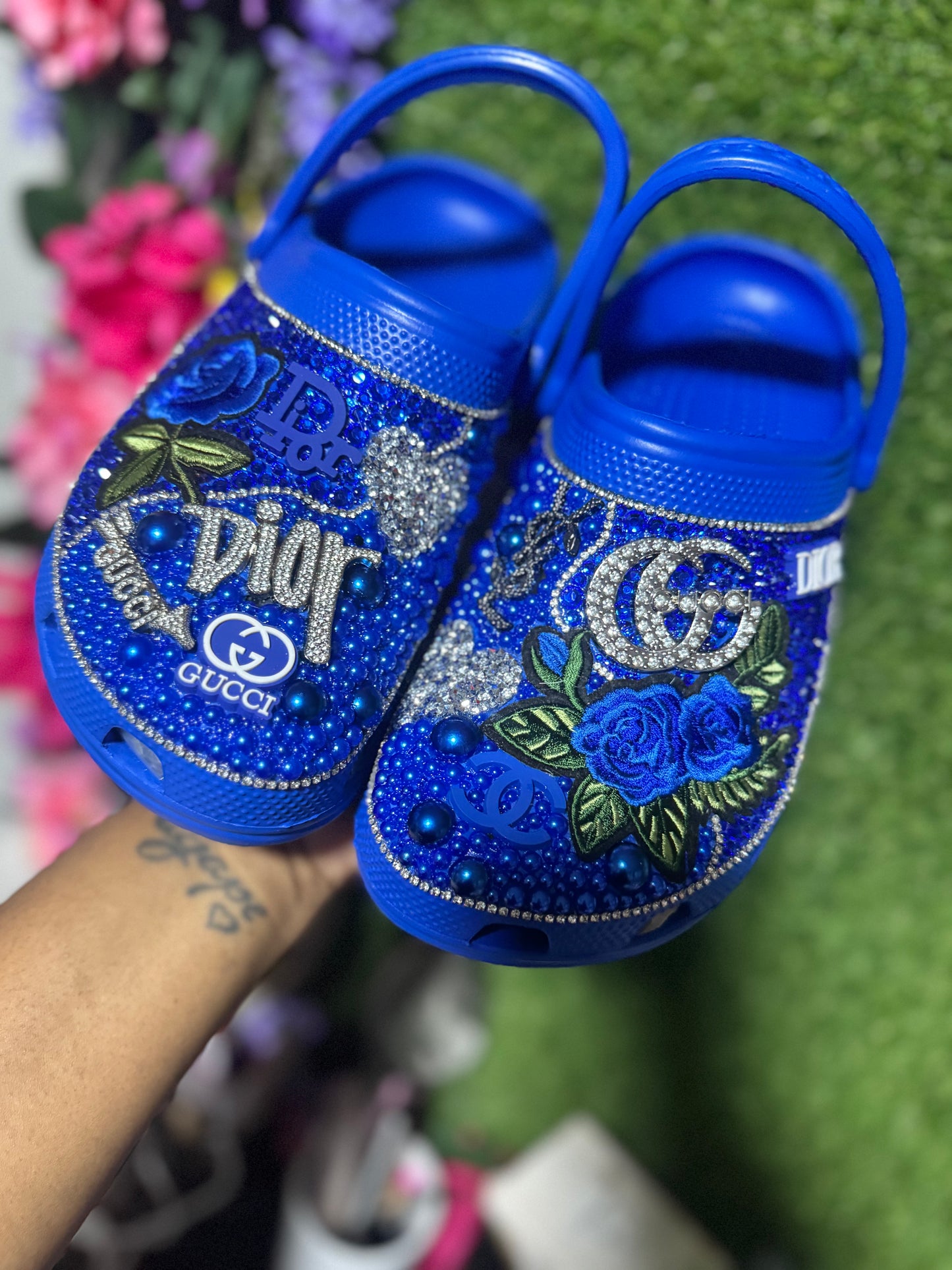 Blue Blinged Crocs Size 9